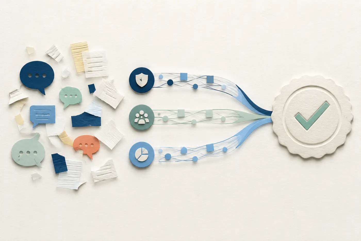 Editorial illustration showing workplace evidence becoming a trusted certification
