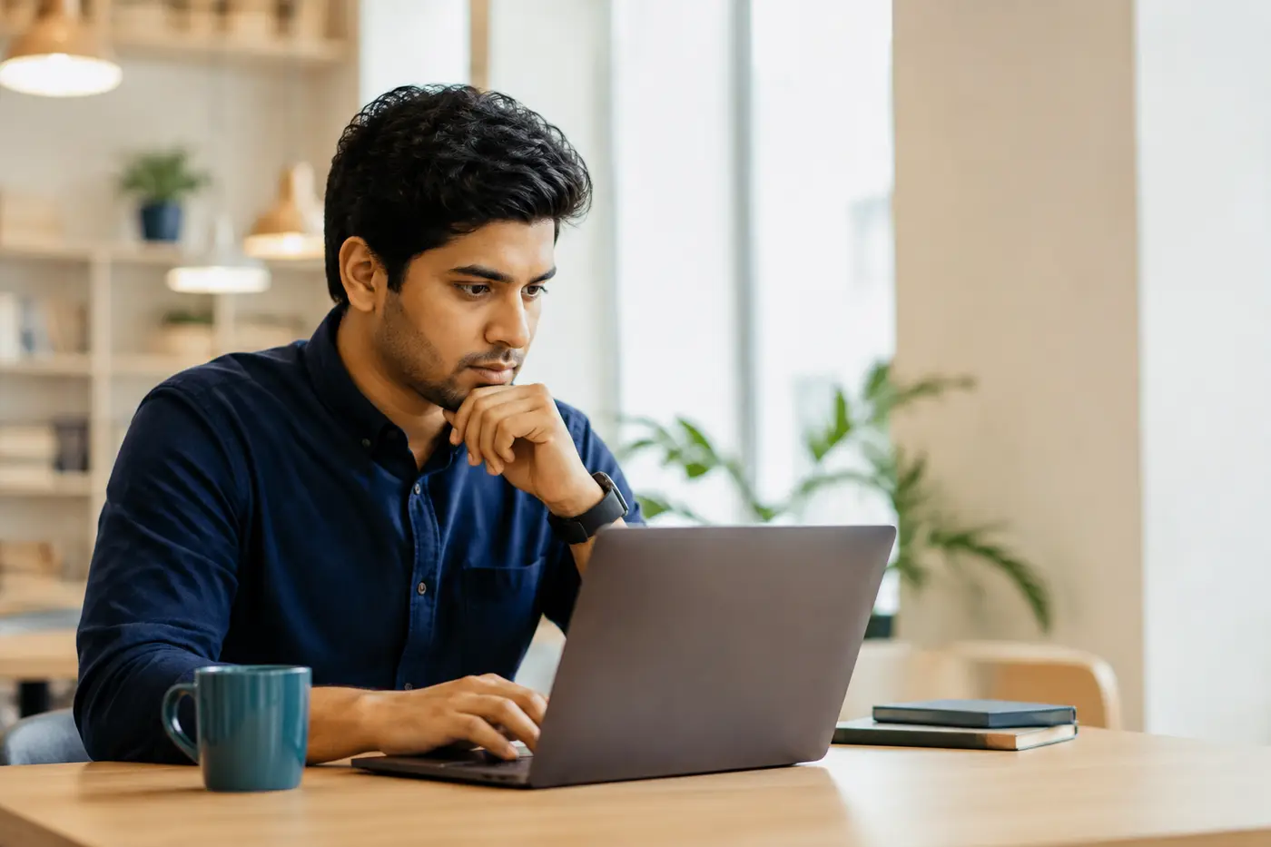 A professional calmly researching employers on a laptop