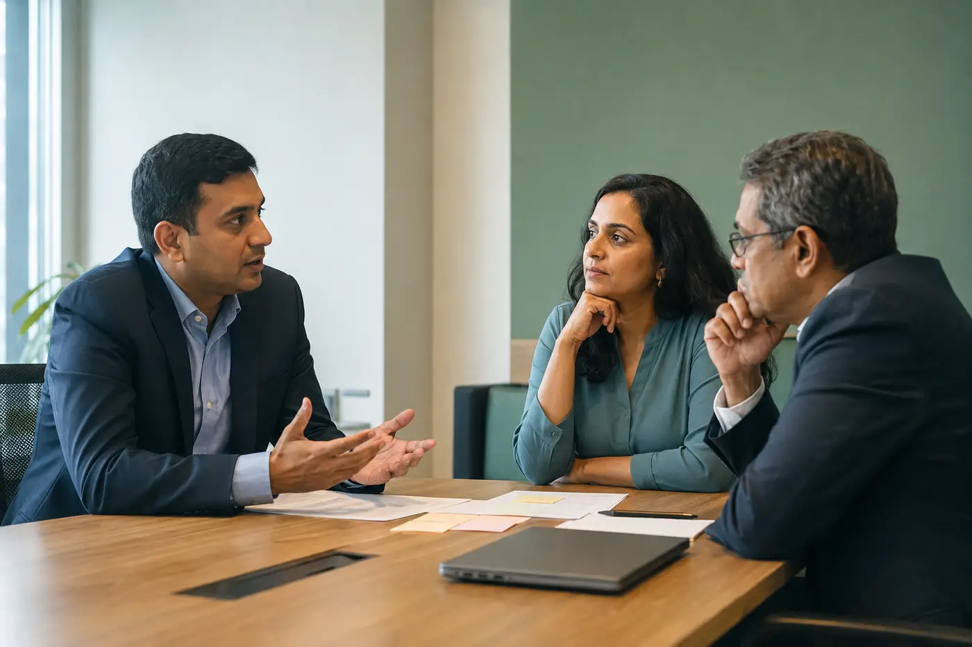 Three professional advisors discussing a workplace programme together
