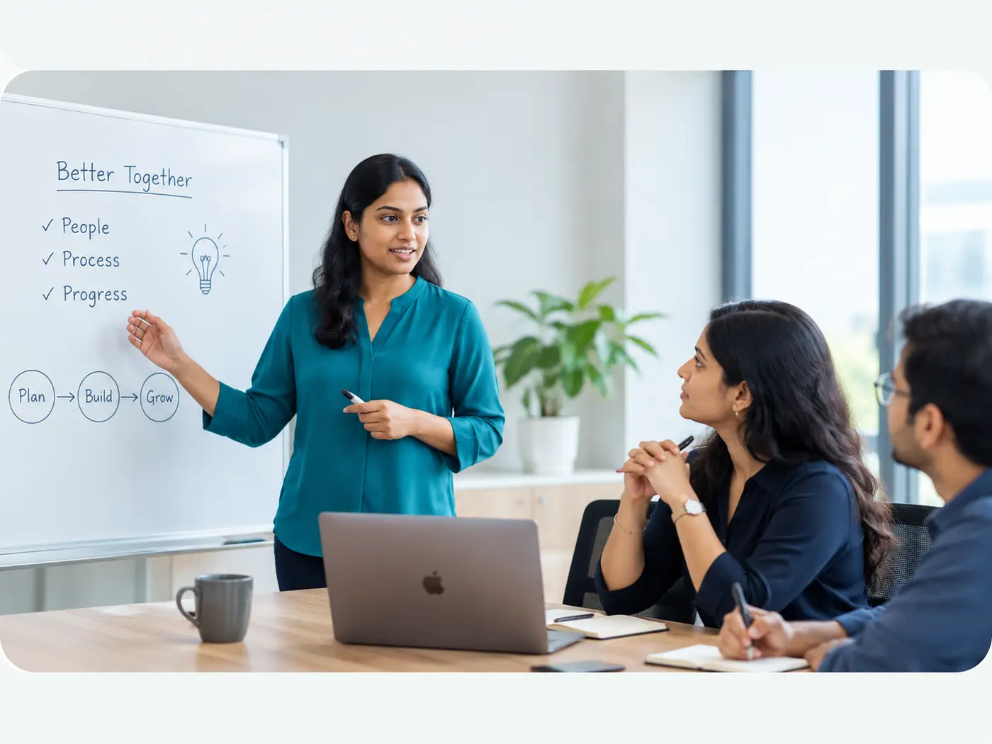 A professional leading a whiteboard strategy discussion with colleagues