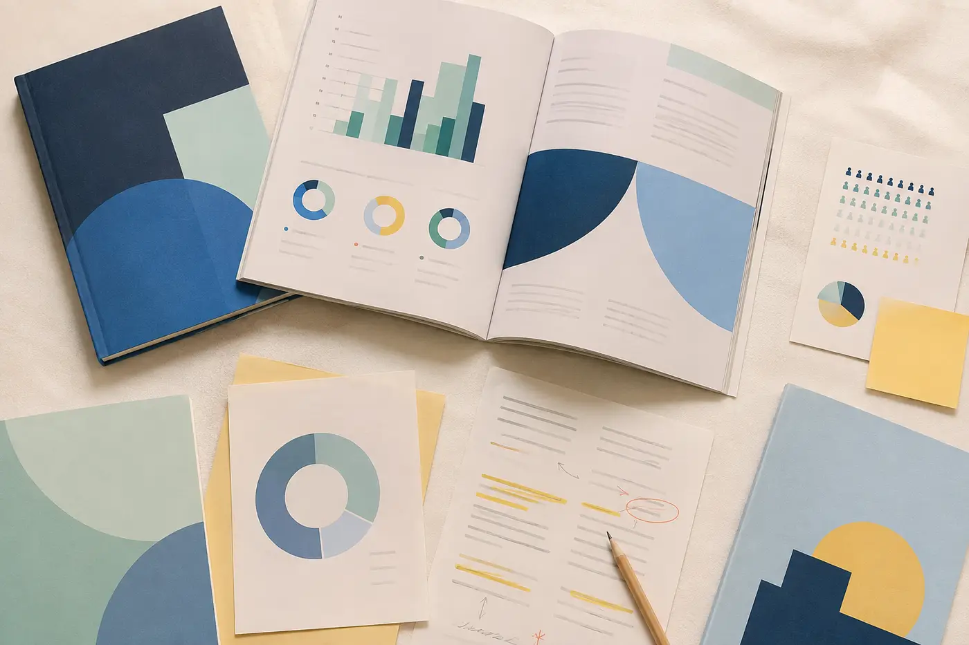 An editorial flat lay of workplace reports, guides, and marked-up research