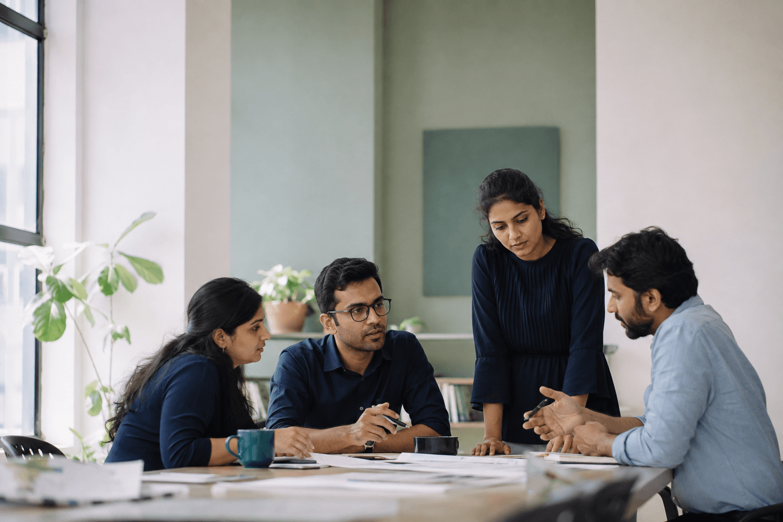 A workplace team discussing ideas together around a table